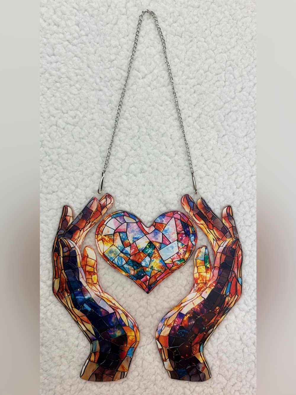 Multicolor Mosaic / Faux Stained Glass Heart and Hands Hanging Wall Art, OS - Picture 7 of 10